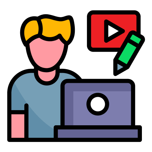 "Icone d'un homme avec un ordinateur, un stylo et un logo youtube, illustrant du content creation"